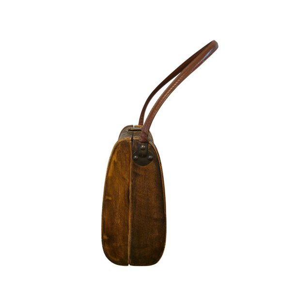 Vintage wood & bamboo basket handbag purse embossed Floral Latch Closure retro - Picture 4 of 12